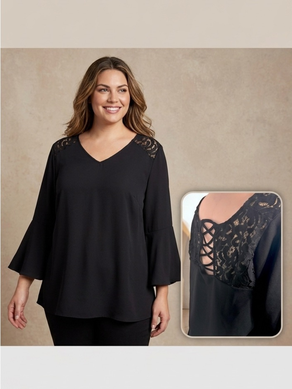 Michel Studio Collection Black Bell Sleeve Blouse with Back Lace Detail - 2X